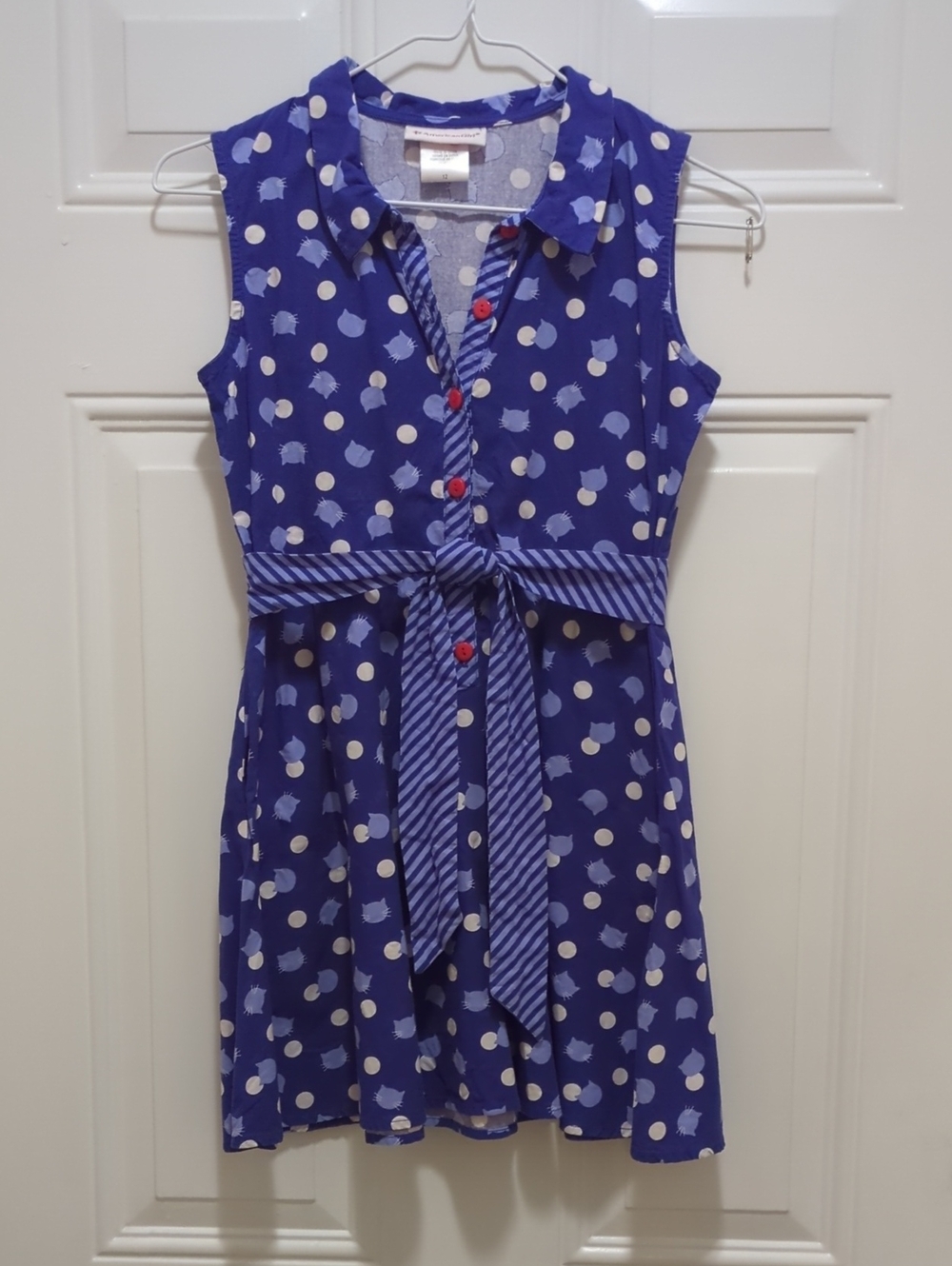 American Girl Blue Cat Polka Dot Shirt Dress with Striped Waist Tie